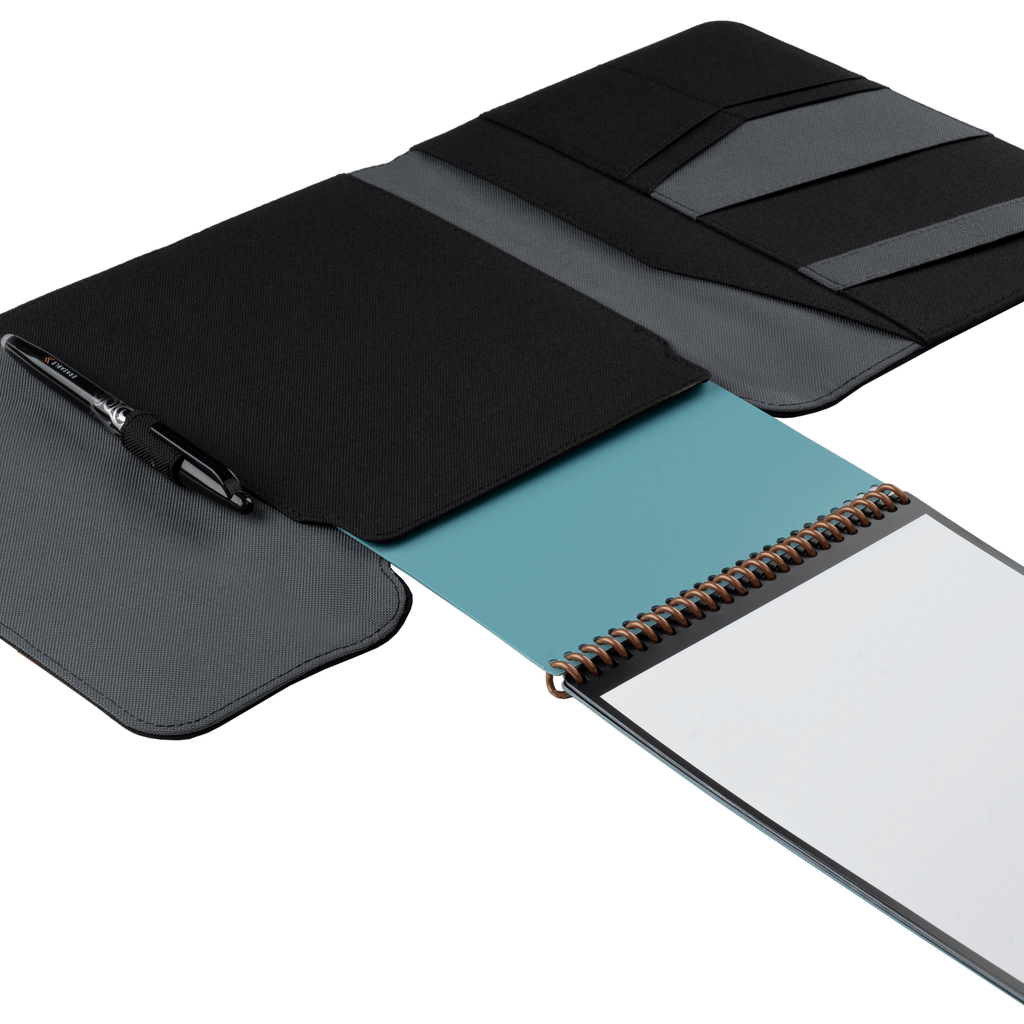 The Rocketbook Flip sliding into a black Flip Capsule folio case